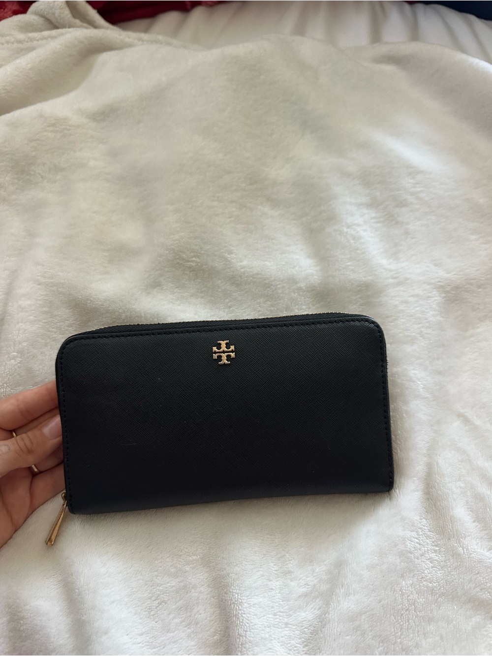 Tory Burch Black Zip-Around Saffiano Wallet with Gold Logo